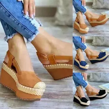 Женские соломенные босоножки на танкетке, римские босоножки на среднем каблуке с рыбьим горлом 42 чёрный