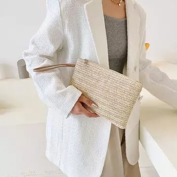 Женские соломенные плетеные косметички, дамский кошелек для монет, кошелек для телефона, однотонный клатч, сумка для хранения косметики и помады бежевый