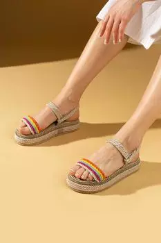 Женские соломенные сандалии на высокой подошве 30-14-24БежевыйМульти