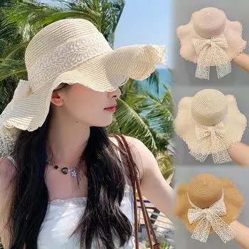 Женские соломенные шляпы-ведра, летние широкополые шляпы с кружевным бантом, солнцезащитные дышащие модные аксессуары