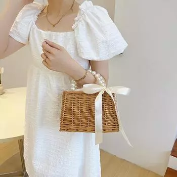 Женские соломенные сумки и сумки Летние сумки из ротанга ручной работы Женские ленты Летняя пляжная сумка-корзина Дорожная сумка с жемчужными бусинами 23 x 16 x 12cm