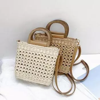 Женские соломенные сумки-ведра, сумки на ремне с деревянной ручкой, дизайнерские сумки через плечо из ротанга 20x8x18cm бежевый