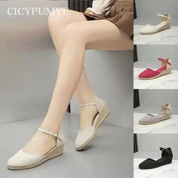 Женские соломенные туфли из пеньковой веревки на танкетке с круглым носком и пряжкой 35 красный