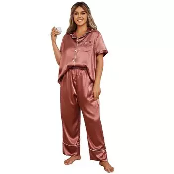 Женские спальные костюмы больших размеров, рубашка и брюки из искусственного шелка, комплект атласных пижам большого размера, весна-лето, одежда для сна, домашняя повседневная одежда 1XL тёмно-рыжий