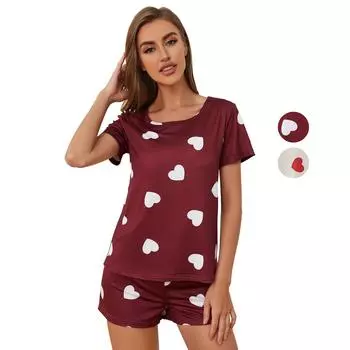 Женские спальные костюмы из полиэстера с принтом в виде сердечек, тонкие рубашки и короткие штаны, комплект из 2 предметов, пижамы для ночного сна, одежда для отдыха, летняя домашняя одежда S бордовый