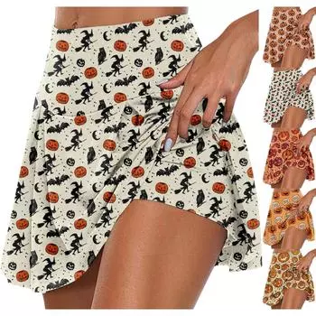 Женские спортивные эластичные плиссированные теннисные юбки с принтом на Хэллоуин, внутренние шорты для занятий йогой, эластичные спортивные шорты для гольфа L золотой