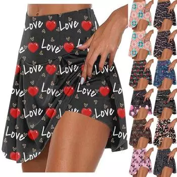 Женские спортивные эластичные плиссированные теннисные юбки с принтом ко Дню святого Валентина, внутренние шорты для занятий йогой, эластичные спортивные шорты для гольфа L чёрный