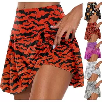 Женские спортивные эластичные плиссированные теннисные юбки с принтом на Хэллоуин, внутренние шорты для занятий йогой, эластичные спортивные шорты для гольфа XXL чёрный
