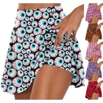 Женские спортивные эластичные плиссированные теннисные юбки с принтом на Хэллоуин, внутренние шорты для занятий йогой, эластичные спортивные шорты для гольфа L циан