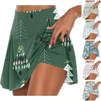 Женские спортивные эластичные плиссированные юбки, внутренние шорты с рождественским принтом, эластичные спортивные юбки L