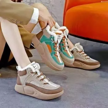 Женские спортивные ботинки на толстой подошве 2024 года, новые цветные женские плюшевые короткие ботинки, модные повседневные кроссовки Zapatos De Mujer 35 хаки
