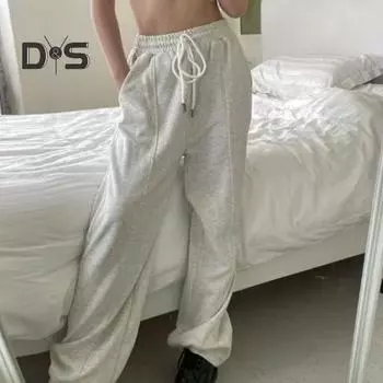 Женские спортивные брюки, эластичные, с высокой талией, регулируемые, с завязками, длинные брюки с карманами, однотонные, прямые, широкие, для фитнеса L серый