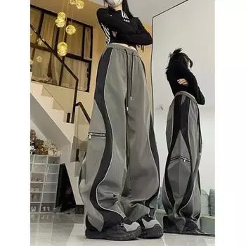 Женские спортивные брюки Color Collision на весну и осень, прямые, слегка эластичные, свободные, повседневные брюки с завязками на талии 3XL