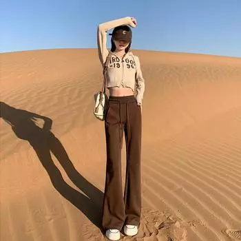 Женские спортивные брюки Maillard coffee с высокой талией и микро-утяжками на осень и зиму, облегающие и тонкие повседневные расклешенные брюки из бархата S коричневый