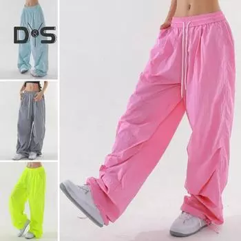 Женские спортивные брюки с эластичной резинкой на талии, длинные брюки с регулируемым шнурком, однотонные широкие брюки-карго для отдыха и путешествий M трава зеленый