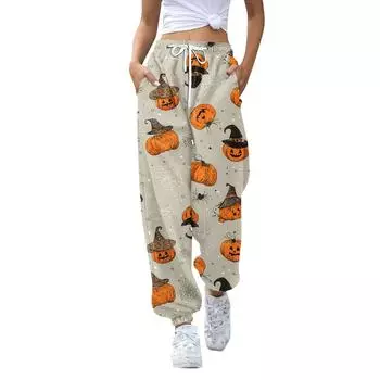 Женские спортивные брюки с карманами, модные брюки с принтом и эластичной талией, повседневные спортивные штаны L