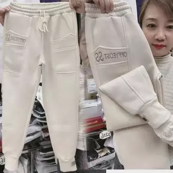 Женские спортивные брюки с манжетами из бархата на осень/зиму — облегающие, свободные, универсальные, в стиле шаровары S