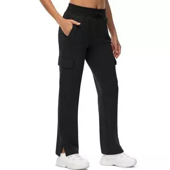 Женские спортивные брюки с высокой талией и карманами, спортивные брюки, однотонные повседневные брюки M чёрный