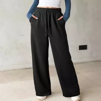 Женские спортивные брюки с высокой талией и карманами, спортивные брюки, однотонные повседневные брюки M чёрный