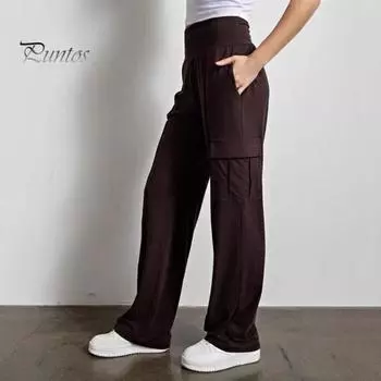 Женские спортивные брюки с высокой талией, прямые, широкие, длинные брюки с карманами, однотонные, дышащие, удобные, повседневные брюки M морской синий