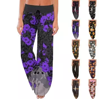 Женские спортивные брюки, спальные брюки, напечатанные широкие брюки на шнурке, повседневные брюки с карманами L коричневый