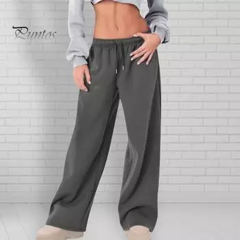 Женские спортивные брюки средней посадки с эластичной резинкой на талии, регулируемые длинные брюки с завязками, однотонные широкие брюки на бархатной подкладке для осени и зимы M темно-серого