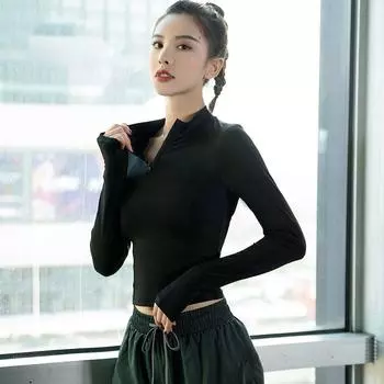 Женские спортивные футболки с воротником-стойкой на молнии, однотонные черные быстросохнущие футболки с длинным рукавом для фитнеса, йоги, спортзала, повседневные футболки для девочек, женские топы для велоспорта S