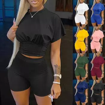 Женские спортивные костюмы, цветной спортивный комплект на талии, топы с короткими рукавами, шорты, комплект S чёрный