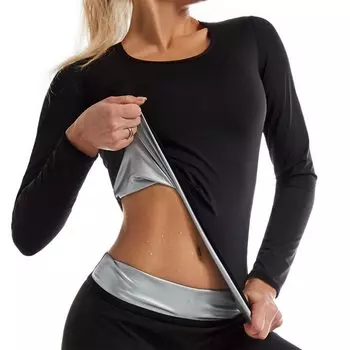 Женские спортивные костюмы для сауны с длинными рукавами, корректирующее белье для тренировок, термотолстовка, спортивная куртка для талии, формирователь тела, топы для фитнеса, спортивное нижнее белье для упражнений S/M чёрный