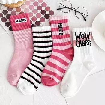 Женские спортивные носки, розовые забавные носки в консервативном стиле Y2K, полосатые носки для девочек, белые забавные носки с принтом, Harajuku, 4 пары One Size