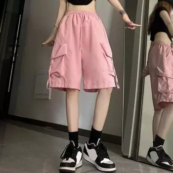 Женские спортивные шорты, эластичные, с высокой талией, с регулируемым шнурком, повседневные шорты с несколькими карманами, широкие брюки, быстросохнущие M темно-синий