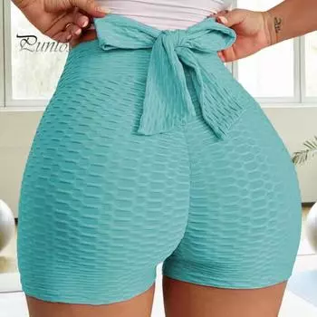 Женские спортивные шорты, эластичные, с высокой талией, однотонные, на шнуровке, облегающие, узкие, длиной выше колена, мягкие дышащие, повседневные, повседневные, велосипедные шорты для йоги S небесно-голубой