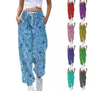Женские спортивные штаны, мешковатые, с высокой талией, большие размеры, спортивные штаны с карманами, напечатанные брюки, брюки для женщин L синий