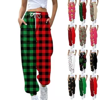 Женские спортивные штаны, мешковатые, с высокой талией, большие размеры, спортивные штаны с карманами, рождественские принтованные брюки, брюки для женщин L чёрный