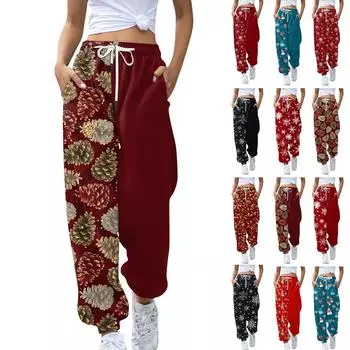 Женские спортивные штаны, мешковатые, с высокой талией, большие размеры, спортивные штаны с карманами, рождественские принтованные брюки, брюки для женщин XL