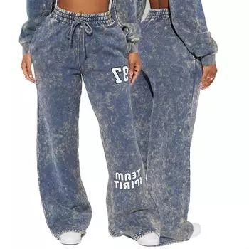 Женские спортивные штаны на резинке и завязках на талии 2024 года, леггинсы с карманами и принтом букв и цифр, свободный крой, широкие повседневные брюки S синий