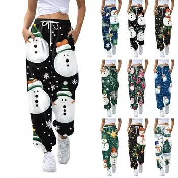 Женские спортивные штаны с высокой талией, рождественским принтом, карманами, затягивающимися на шнурок XXL