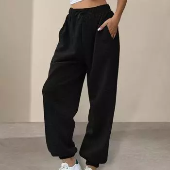 Женские спортивные штаны Yousheng, эластичные, с высокой талией, регулируемые, с завязками, шаровары с карманами, однотонные, свободные, для отдыха S чёрный