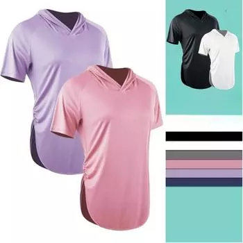 Женские спортивные свободные футболки с капюшоном, сплошной цвет, с коротким рукавом, утягивающая повседневная одежда для бега и фитнеса M белый