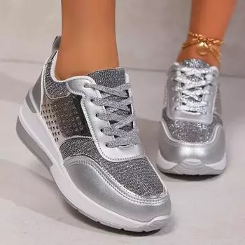 Женские спортивные туфли на толстой подошве с дышащими блестками и круглым носком, повседневные спортивные туфли больших размеров со шнуровкой 36-43 36 чёрный