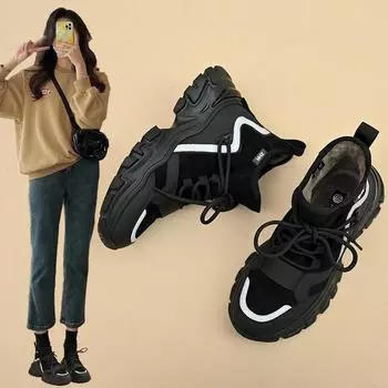 Женские спортивные туфли ZHR из черного бархата на толстой подошве с каблуком – Повседневная коллекция зима 2023 г. 39