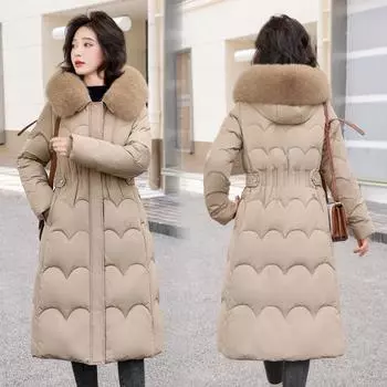 Женские средние и длинные стеганые изделия из хлопка, утолщенные, облегающие, тонкие и теплые, модные, большие стеганые изделия из хлопка с меховым воротником для женщин M чёрный