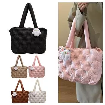 Женские стеганые сумки-тоут для девочек, большая вместительная пушистая сумка на плечо, однотонная модная сумка для зимних путешествий, дорожная сумка белый