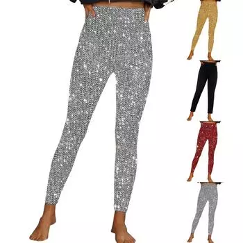 Женские стильные элегантные леггинсы с высокой талией, эластичные, с блестками, повседневные брюки M серебряный