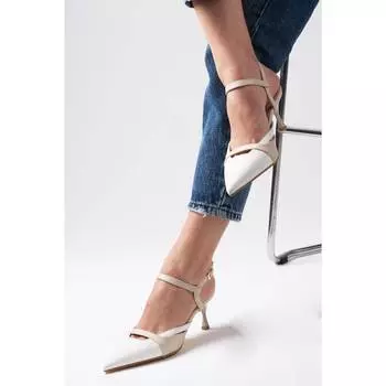 Женские стильные белые и бежевые туфли на каблуке с открытой спиной