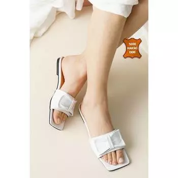 Женские стильные белые тапочки на плоской подошве из натуральной кожи