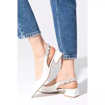 Женские стильные белые туфли с открытой спиной и каменным ремешком на коротком каблуке