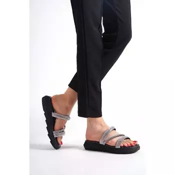 Женские стильные черные тапочки на плоской подошве с камнем Wsb0494