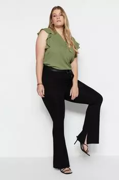 Женские стильные черные трикотажные брюки больших размеров с расклешенными разрезами