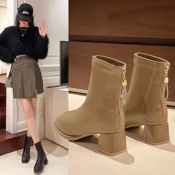 Женские стильные корейские короткие сапоги с квадратным носком 2024 года на осень/зиму — универсальные и модные с юбками 38 чёрный